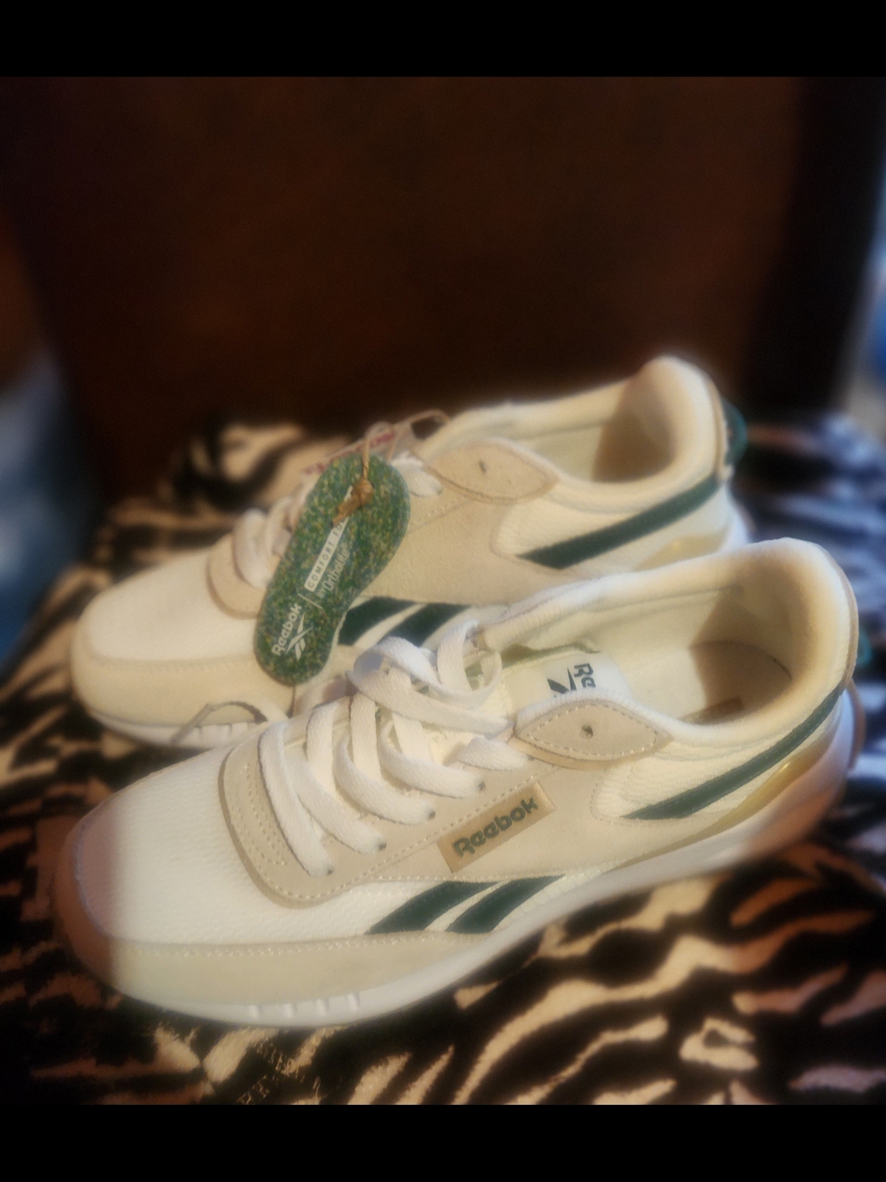 Reebok Kids White Sneakers with Dark Green Accents